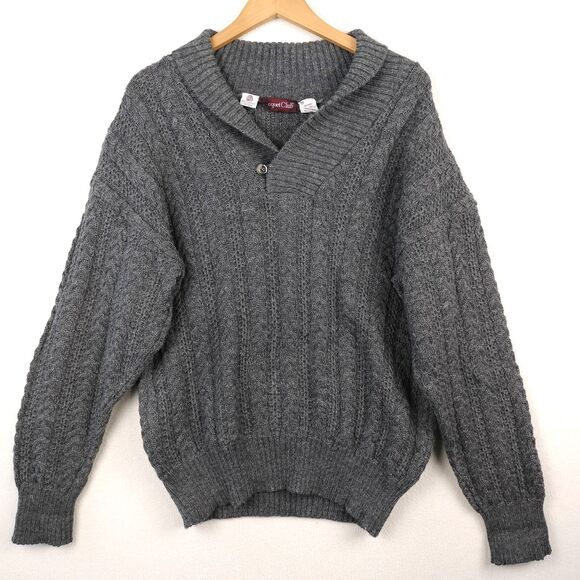 Racquet Club Sweater Men M Gray Wool Cable Knit Chunk Fisherman Shawl Collar VTG - Picture 1 of 14